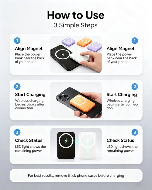 5000mAh Magnetic Connect Power Bank Charger - Portable iPhone-Compatible Battery Pack with USB-C Input/Output, Compact Travel Accessory (Magnetic Ring Included), Magnetic Connect Power Banks