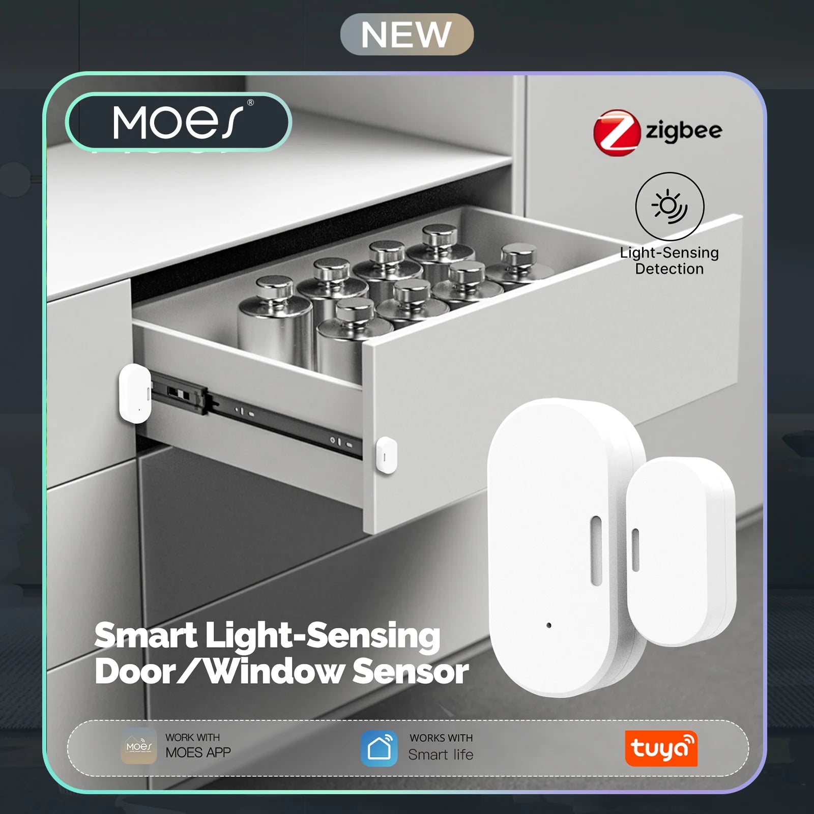 MOES Tuya ZigBee Smart Door Window Sensor with Light Detection Wireless Magnetic Contact Alarm App Open Close Alert Security