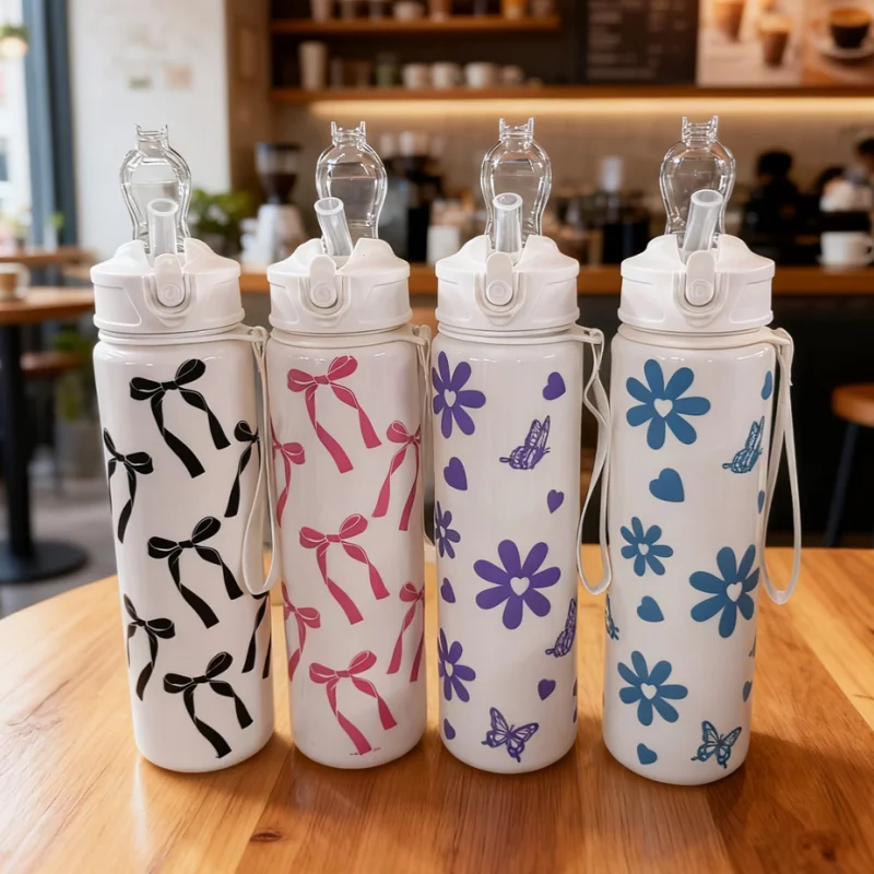 750ml Water Bottle Travel Sports Fitness Water Bottle with Carry Strap Straw Water Bottle Leak-Proof Large Capacity Water Bottle