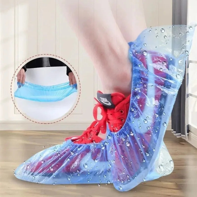 100 PCS Disposable Waterproof Shoe Covers Plastic Non Slip Foot Protectors Indoor Outdoor PE Padded Boot Covers