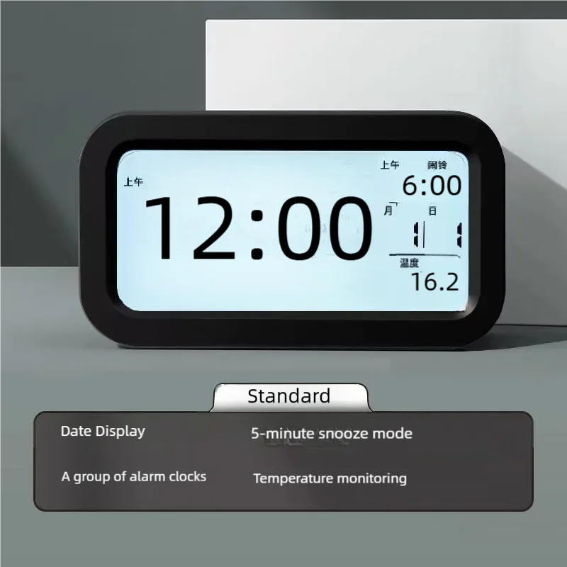 Smart Digital Alarm Clock Black White LCD Display with Temperature Calendar Timer Led Light for Bedroom Office (Without Battery)