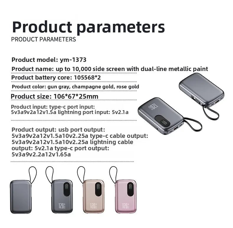 Power Bank 20000mAh Portable Charger with Built-in Cable Digital Display Compact Metal Shell for Travel Outdoor Use