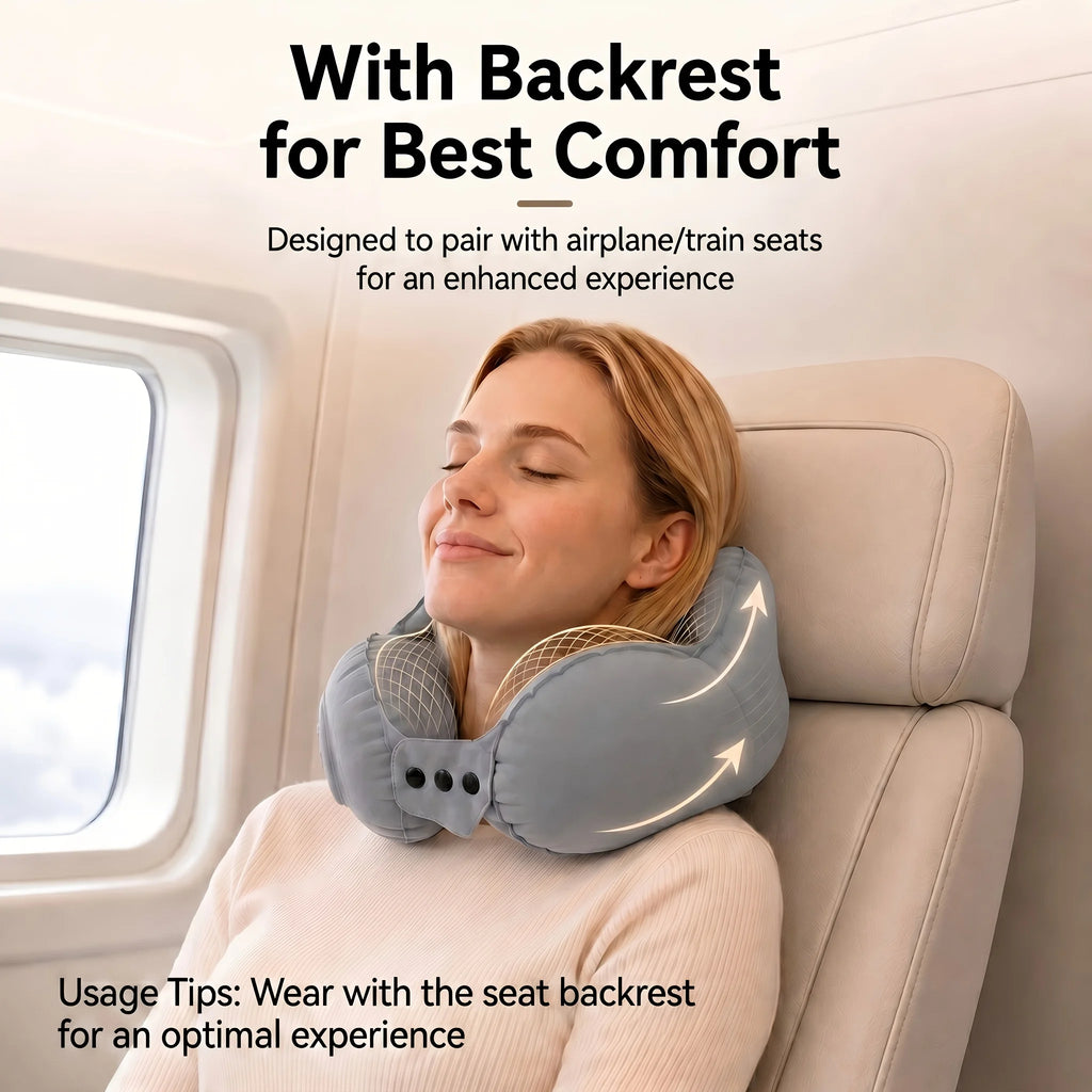 Inflatable travel neck pillow, providing head and neck support for long flights and office naps. Compact and lightweight.