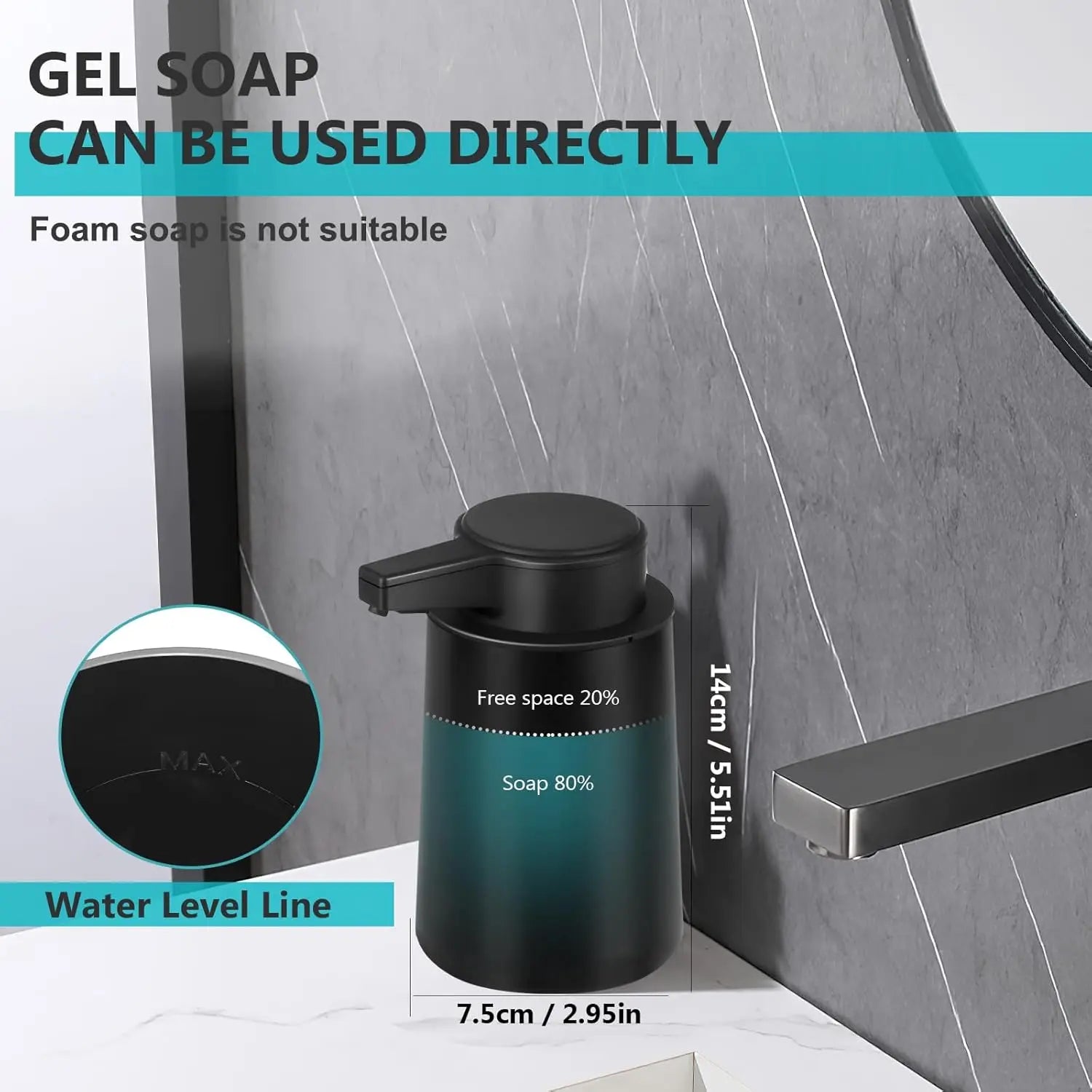 Automatic Soap Dispenser Liquid Touchless: 9oz Plastic Black 3-Level Adjustable Modern Rechargeable Electric Smart Auto Soap Dis
