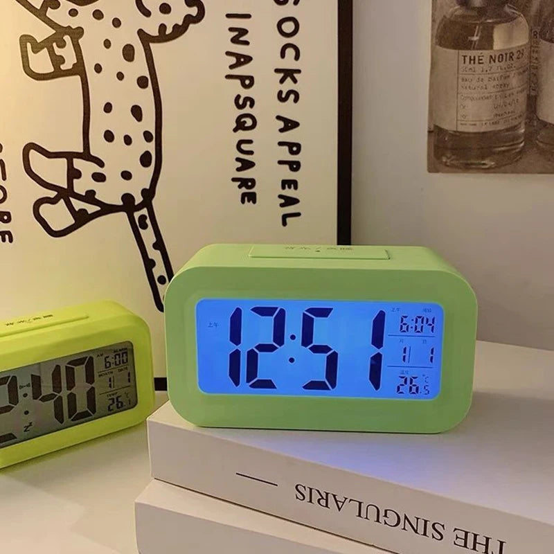 Smart Digital Alarm Clock Black White LCD Display with Temperature Calendar Timer Led Light for Bedroom Office (Without Battery)
