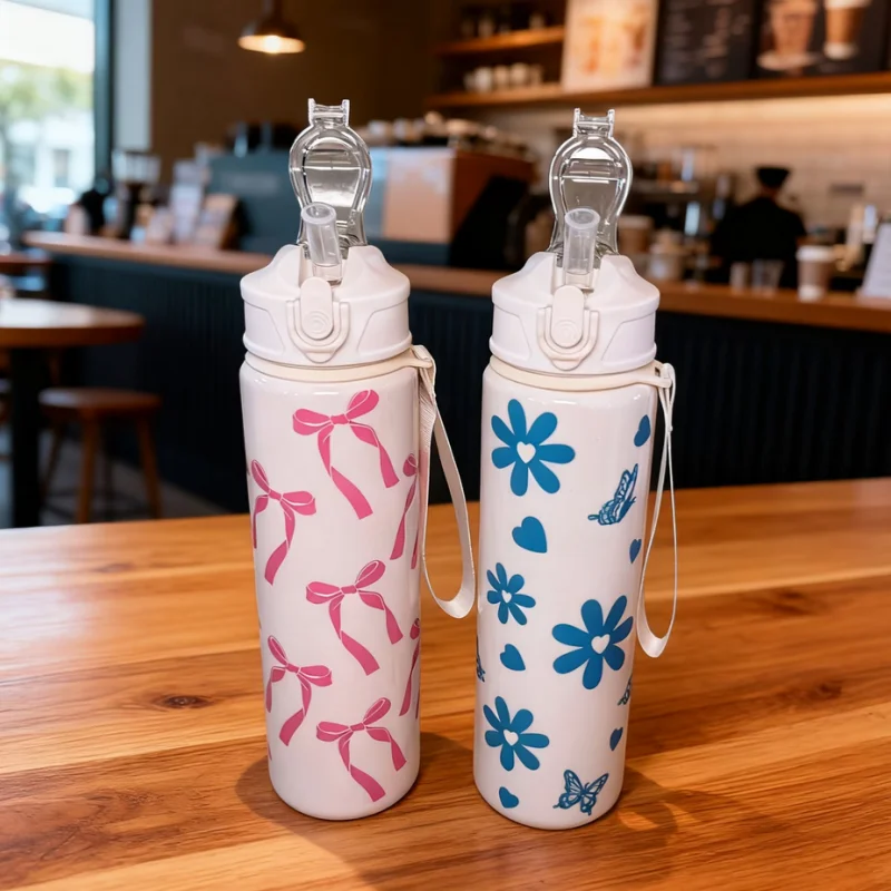 750ml Water Bottle Travel Sports Fitness Water Bottle with Carry Strap Straw Water Bottle Leak-Proof Large Capacity Water Bottle
