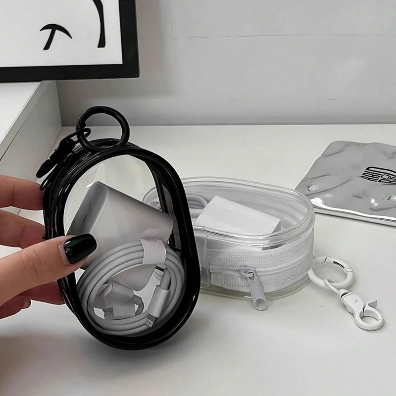 Portable Mini Transparent Storage Bag with Zipper, Multifunctional Headphone and Charger Case, Travel Accessories with Keychain