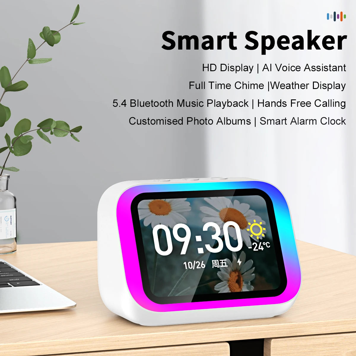 AI Smart Speaker with Bluetooth Call Voice Assistant Alarm Clock Weather Display Night Light Music Story Player For Perfect Gift