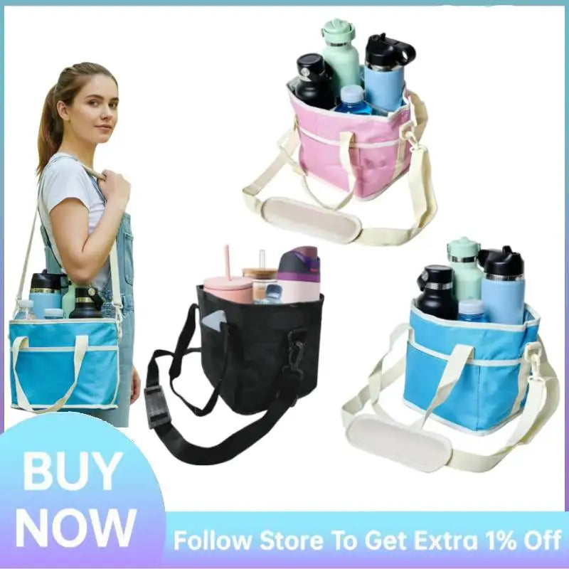Reusable Drink Carrier With Handle,4 Cup Water Bottle Holder With Strap & Adjustable Dividers Portable Foldable Water Bottle Bag