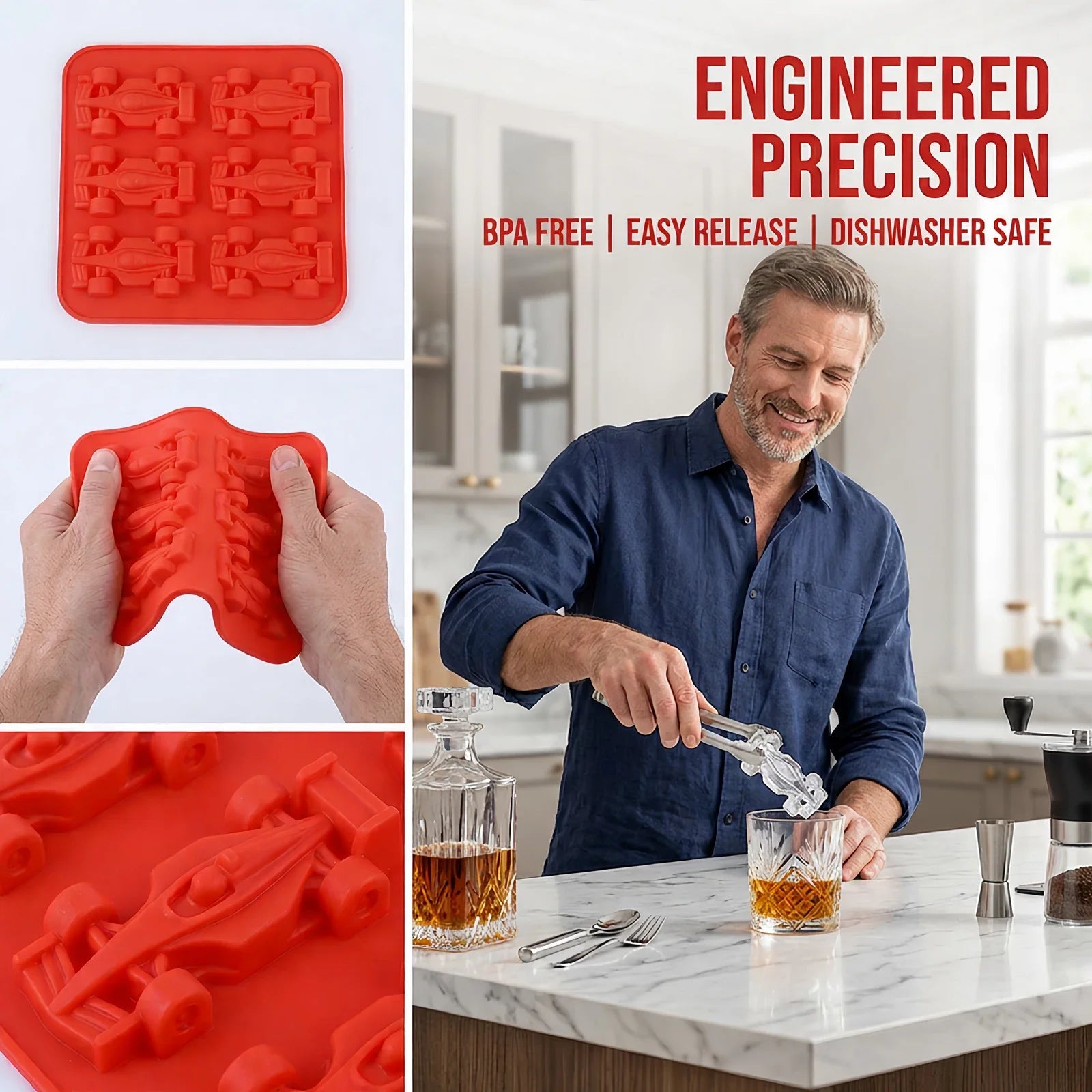 6-Cavity 3D Race Car Silicone Ice Mold Grand Prix Style Ice Cube Tray Chocolate Mould DIY Baking Tool for Tumbler BPA Free