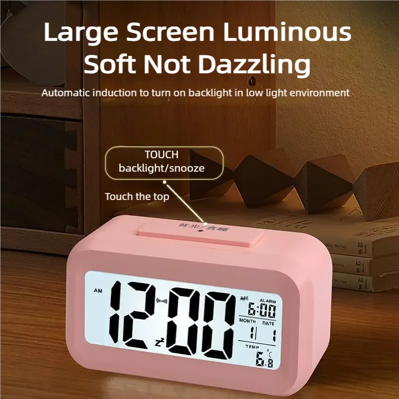 Smart Digital Alarm Clock Black White LCD Display with Temperature Calendar Timer Led Light for Bedroom Office (Without Battery)