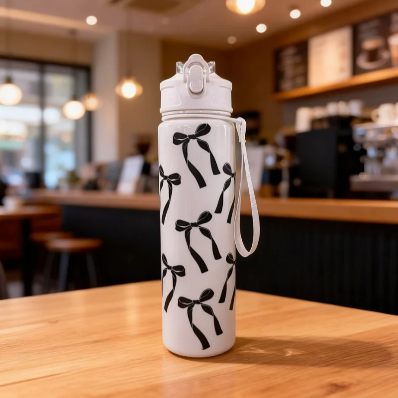 750ml Water Bottle Travel Sports Fitness Water Bottle with Carry Strap Straw Water Bottle Leak-Proof Large Capacity Water Bottle
