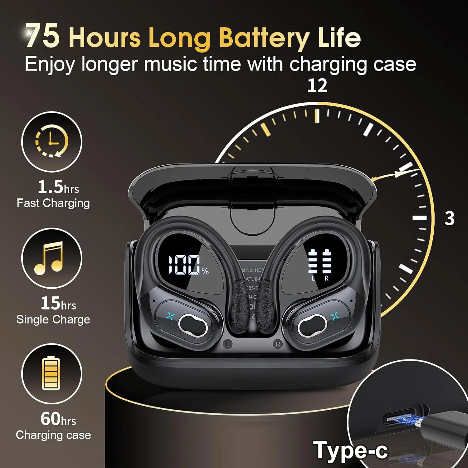 Wireless Earbuds 5.4 Bluetooth Headphones Sports Ear Buds with Earhooks 75H Playtime Wireless Headphones for Workout Waterproof