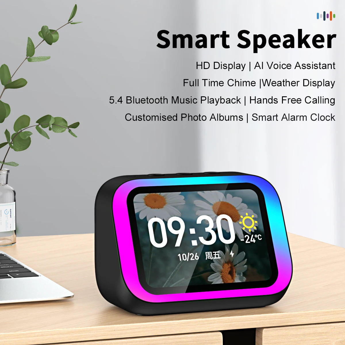 AI Smart Speaker with Bluetooth Call Voice Assistant Alarm Clock Weather Display Night Light Music Story Player For Perfect Gift