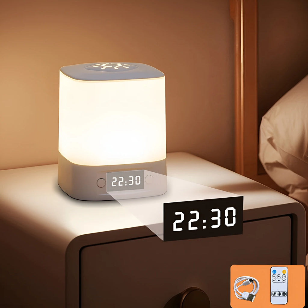 Smart LED Night Light with Clock -USB Rechargeable/Plug-in Night Light, Long Press to Adjust Brightness, Eye-Friendly Soft Light