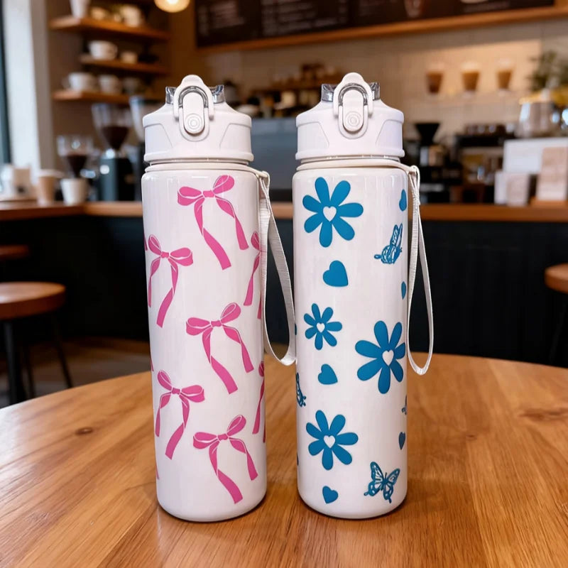 750ml Water Bottle Travel Sports Fitness Water Bottle with Carry Strap Straw Water Bottle Leak-Proof Large Capacity Water Bottle