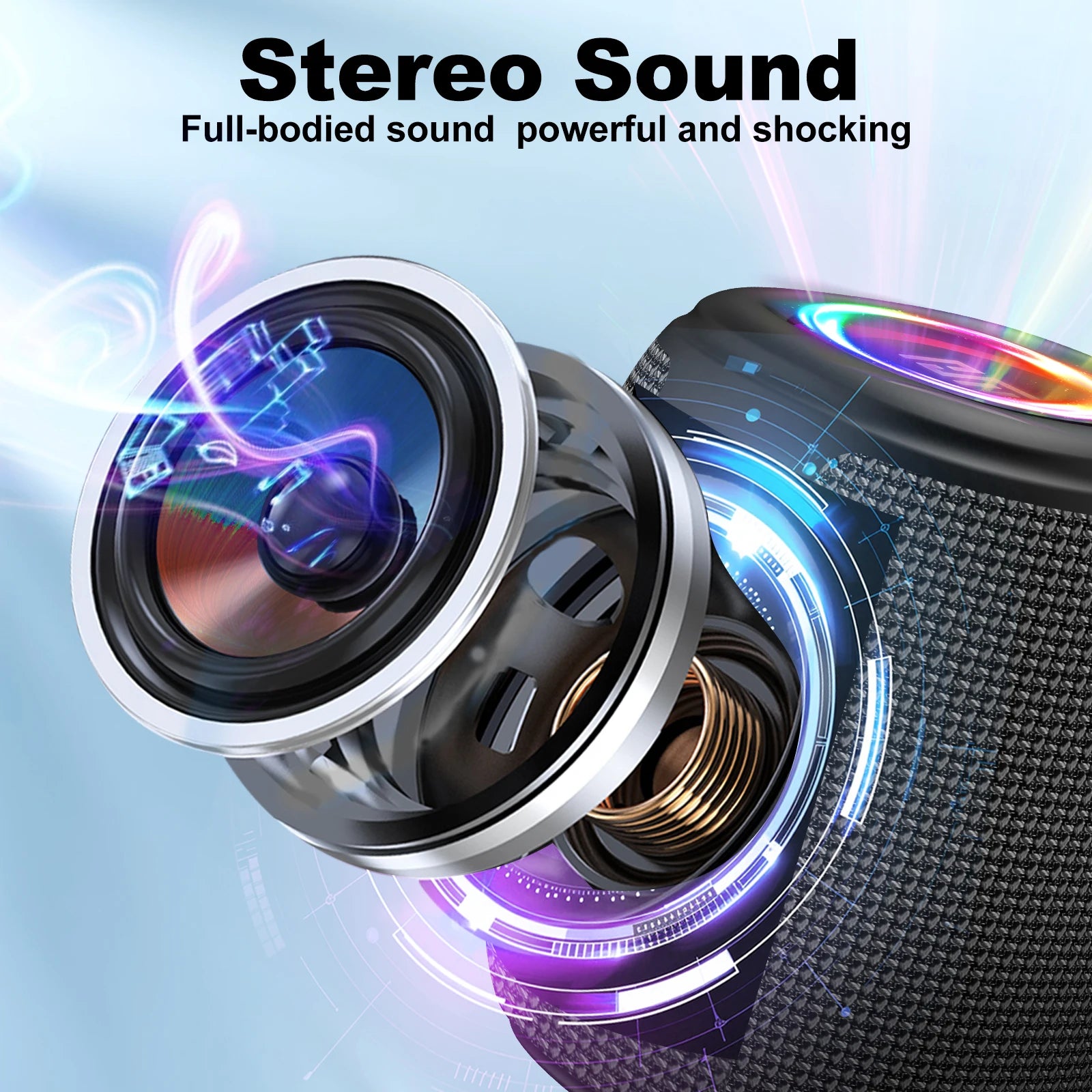 Portable Bluetooth Speaker with Lights, Powerful Crystal Clear Sound, IPX4 Waterproof, All Day Playtime, BT5.3, TWS Paring,