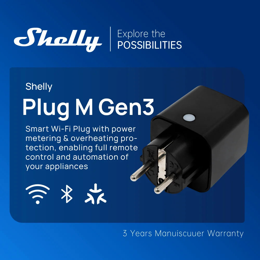Shelly Plug M Gen3 WiFi Smart Plug 13A 3000W Matter Power Energy Monitoring Protection Overheating Overvoltage Overcurrent
