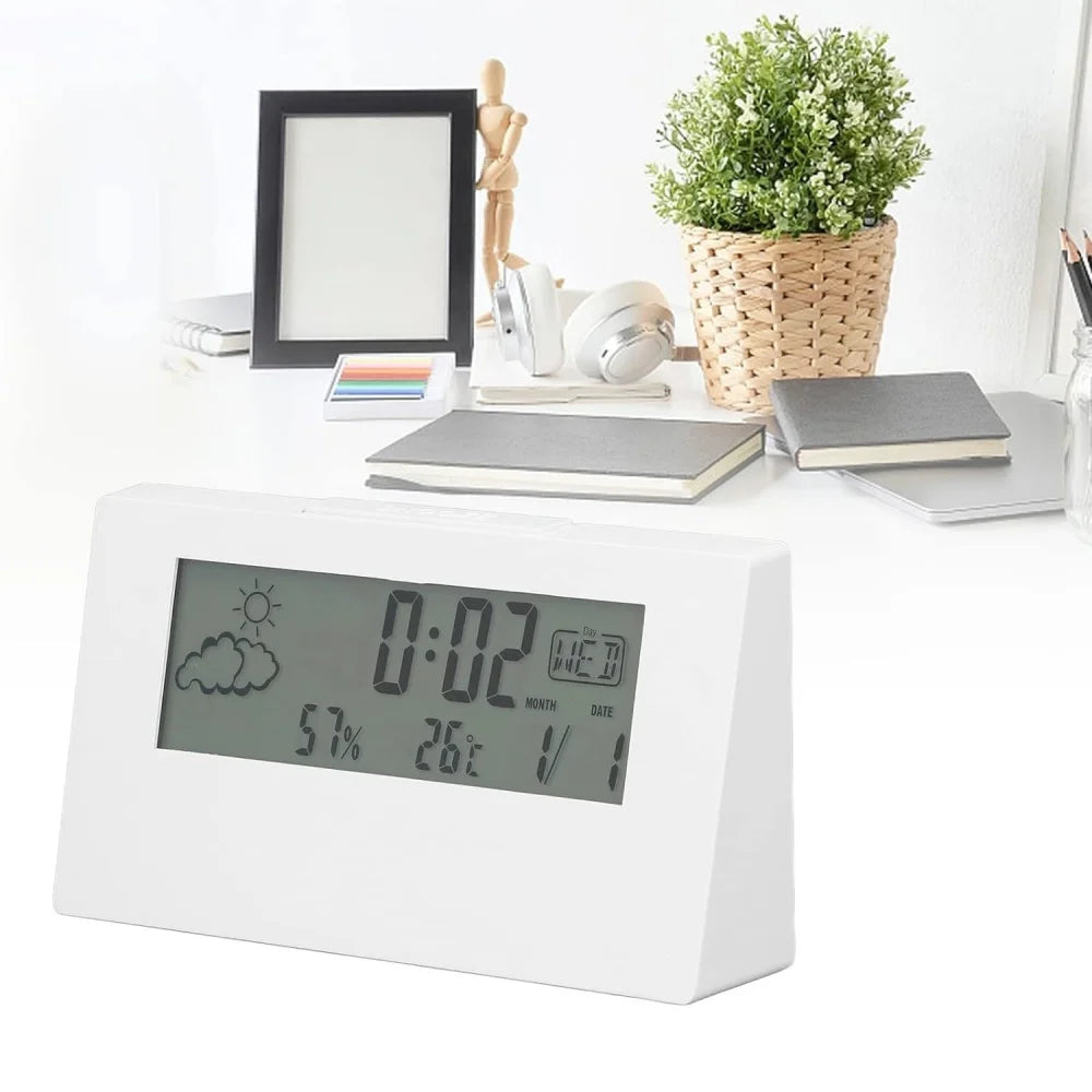 LCD Digital Alarm Clock Smart Night Light Alarm Clock Time Date Temp Humidity Display Bedside Battery Operated Desktop Clock