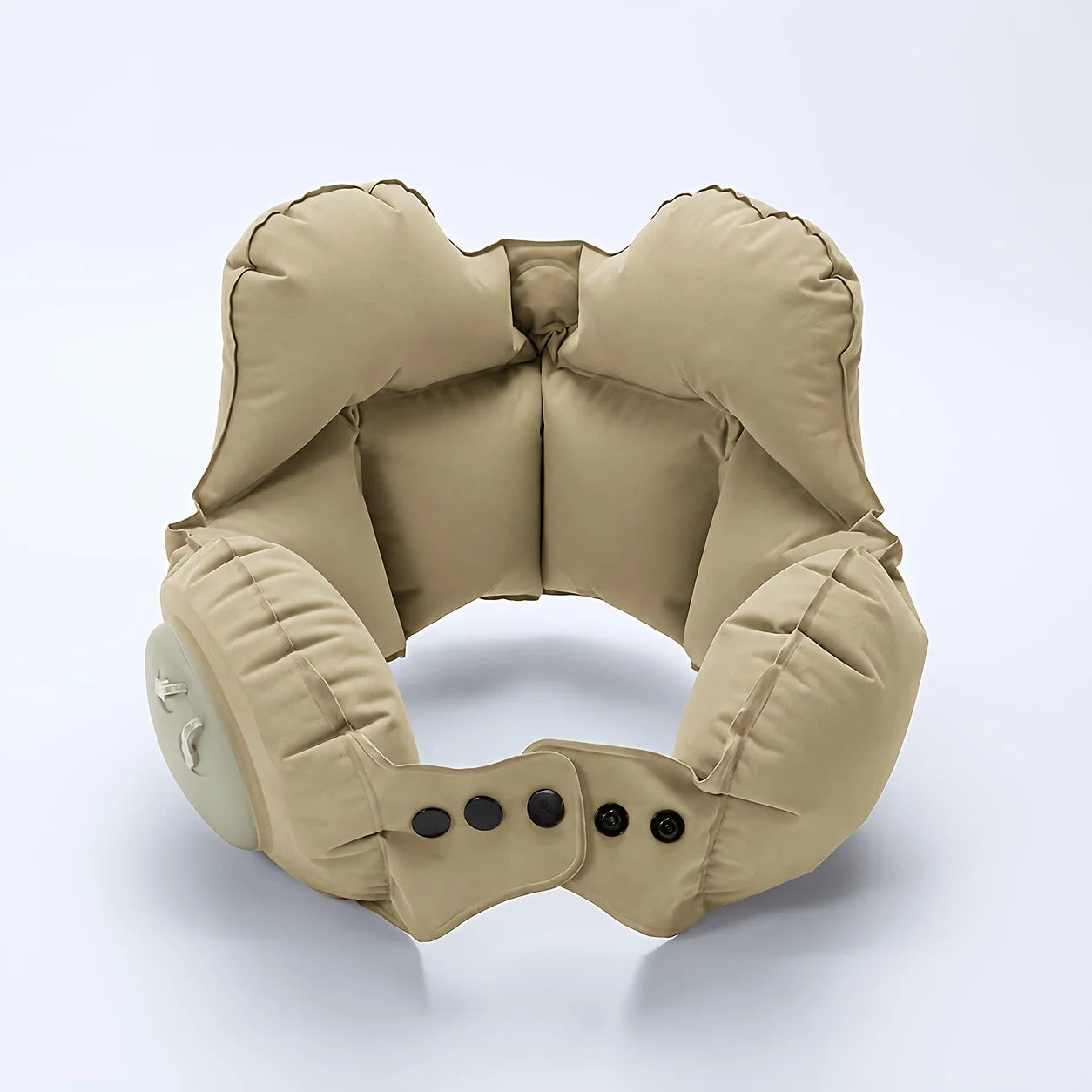 Inflatable travel neck pillow, providing head and neck support for long flights and office naps. Compact and lightweight.