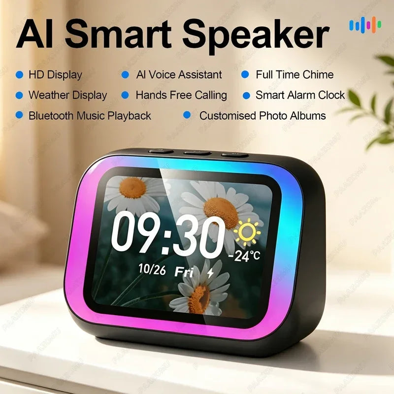 AI Smart Speaker with Bluetooth Call Voice Assistant Alarm Clock Weather Display Night Light Music Story Player For Perfect Gift