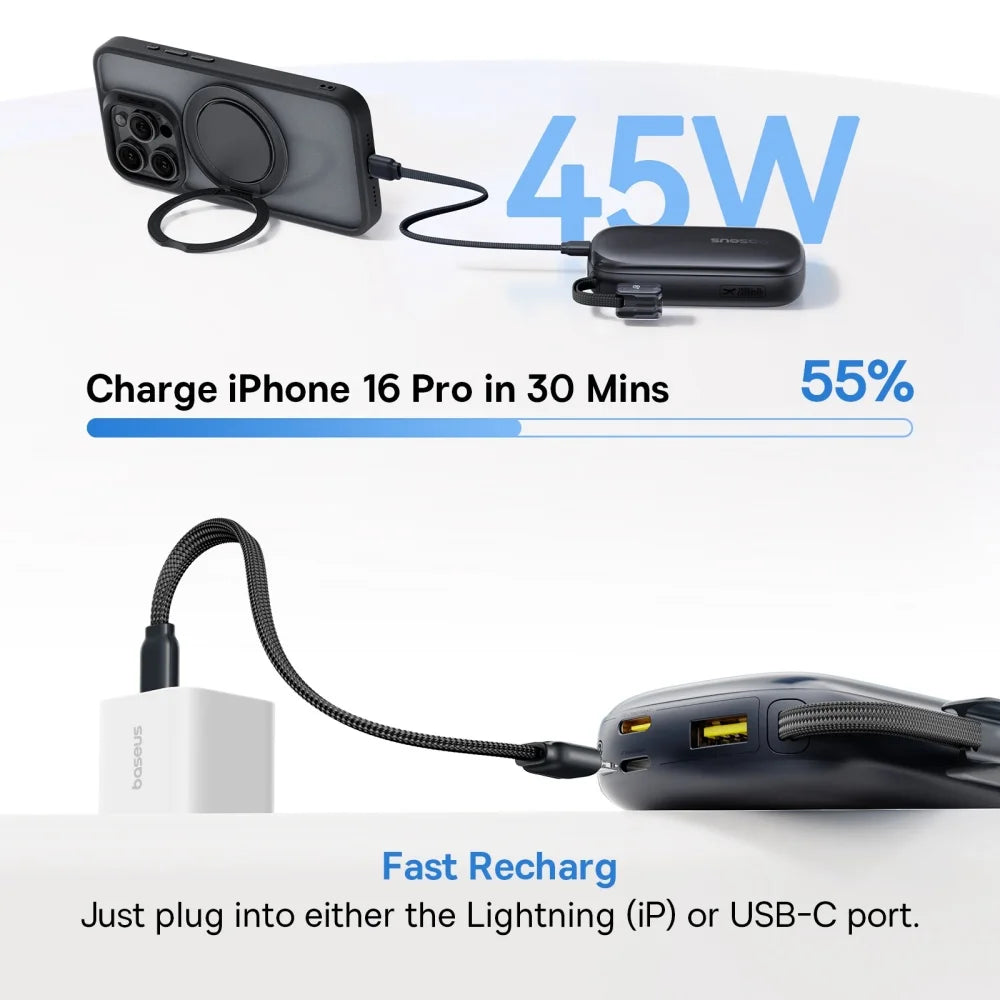 Baseus Power Bank 10000mAh 45W Fast-Charging 20000mAh High-Capacity PowerBank with Detachable USB-C to iPhone Cable for iPhone 1