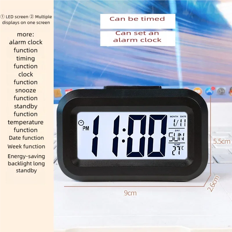 Smart Digital Alarm Clock Black White LCD Display with Temperature Calendar Timer Led Light for Bedroom Office (Without Battery)