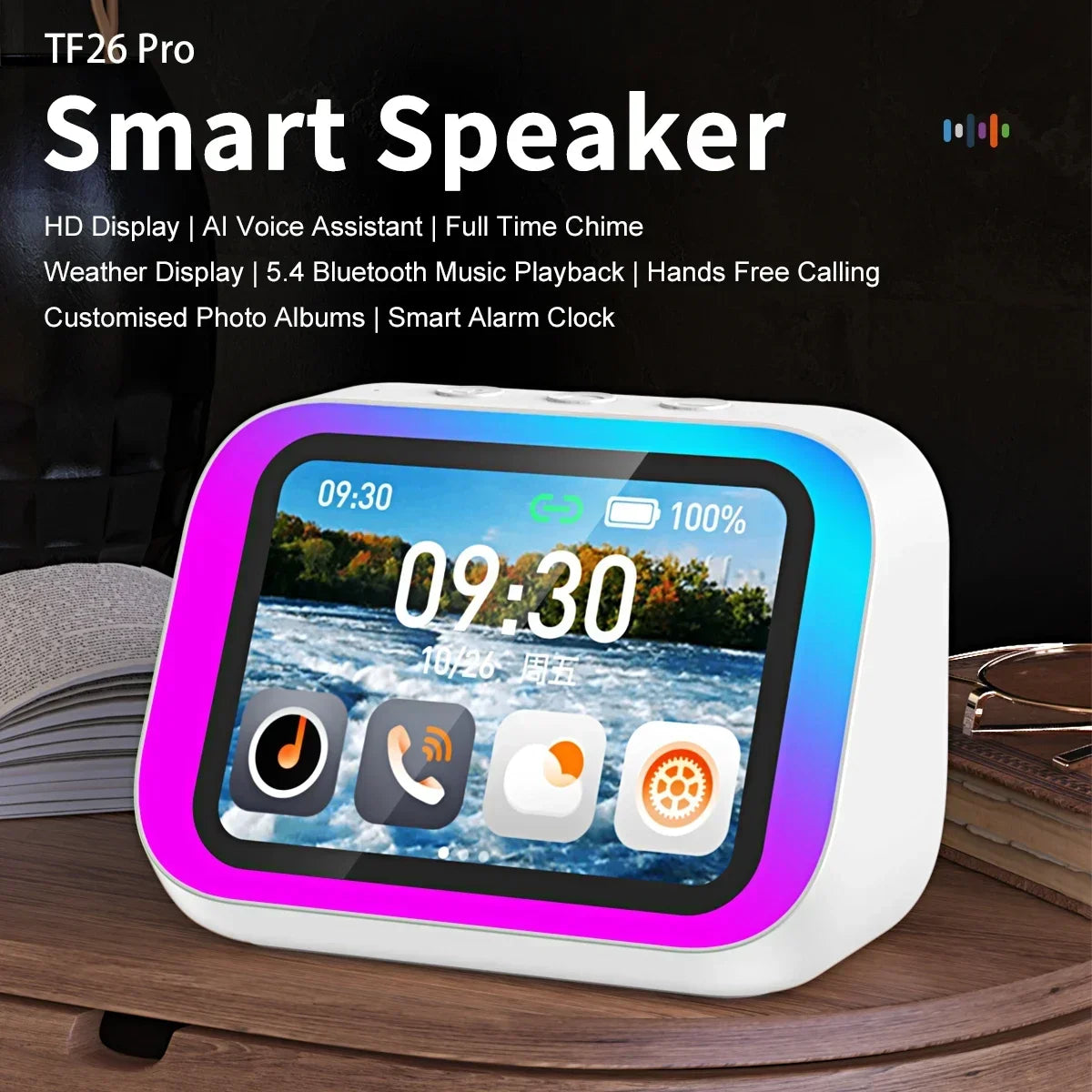AI Smart Speaker with Bluetooth Call Voice Assistant Alarm Clock Weather Display Night Light Music Story Player For Perfect Gift