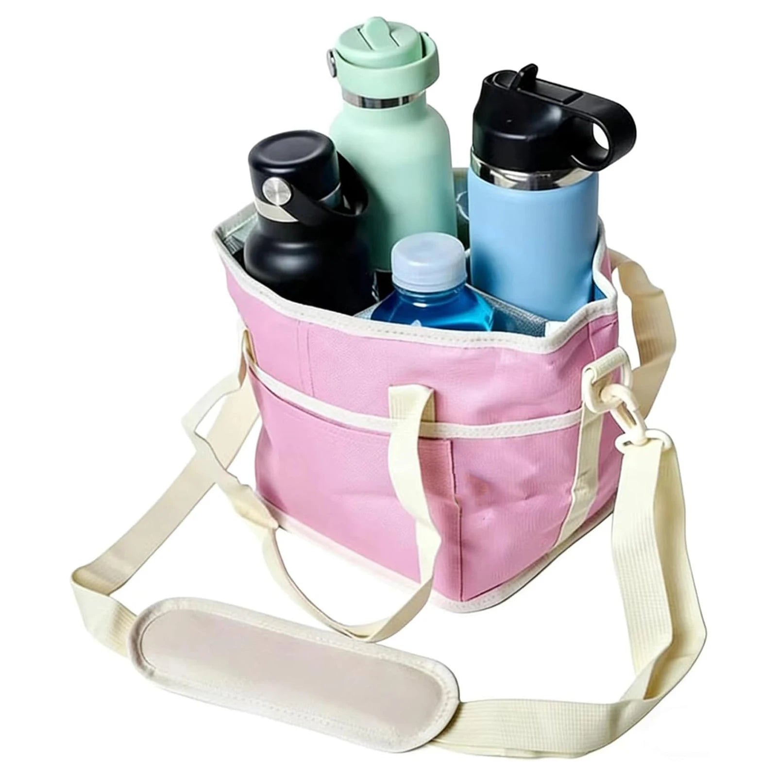 Reusable Drink Carrier With Handle,4 Cup Water Bottle Holder With Strap & Adjustable Dividers Portable Foldable Water Bottle Bag