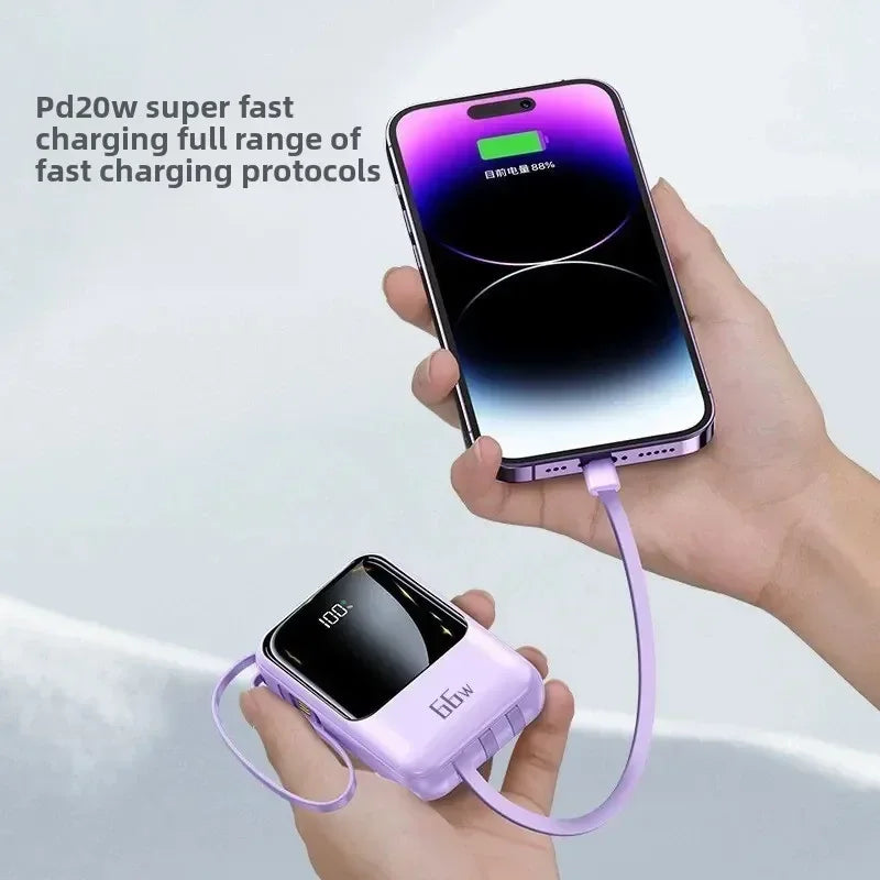 Power Bank 20000mAh 66W Fast Charging Portable Charger With Built-in Cable For Mobile Devices Mini Large Capacity Travel Backup