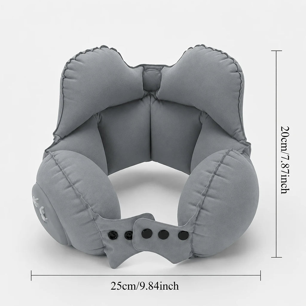 Inflatable travel neck pillow, providing head and neck support for long flights and office naps. Compact and lightweight.
