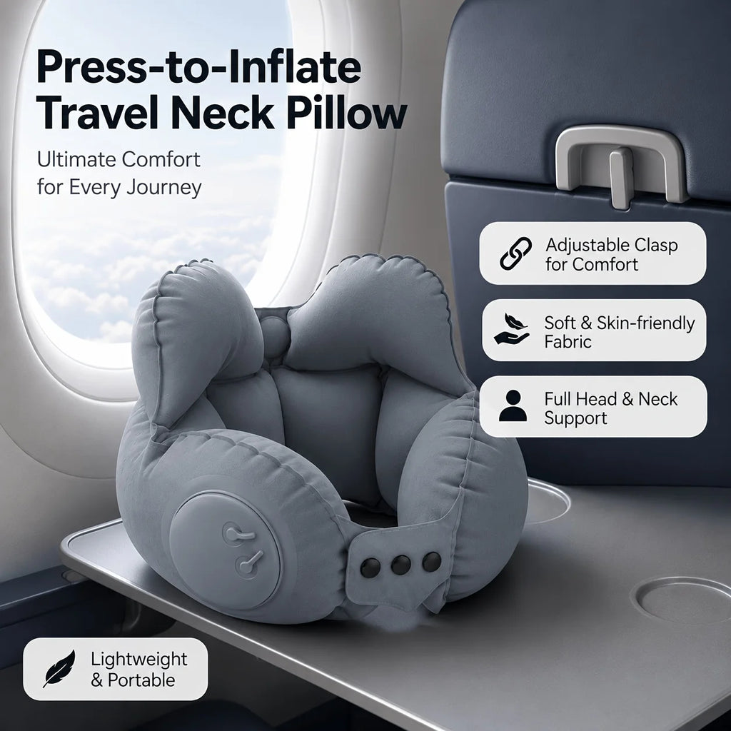 Inflatable travel neck pillow, providing head and neck support for long flights and office naps. Compact and lightweight.