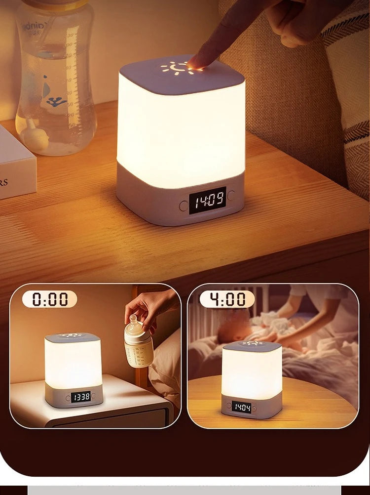 Smart LED Night Light with Clock -USB Rechargeable/Plug-in Night Light, Long Press to Adjust Brightness, Eye-Friendly Soft Light
