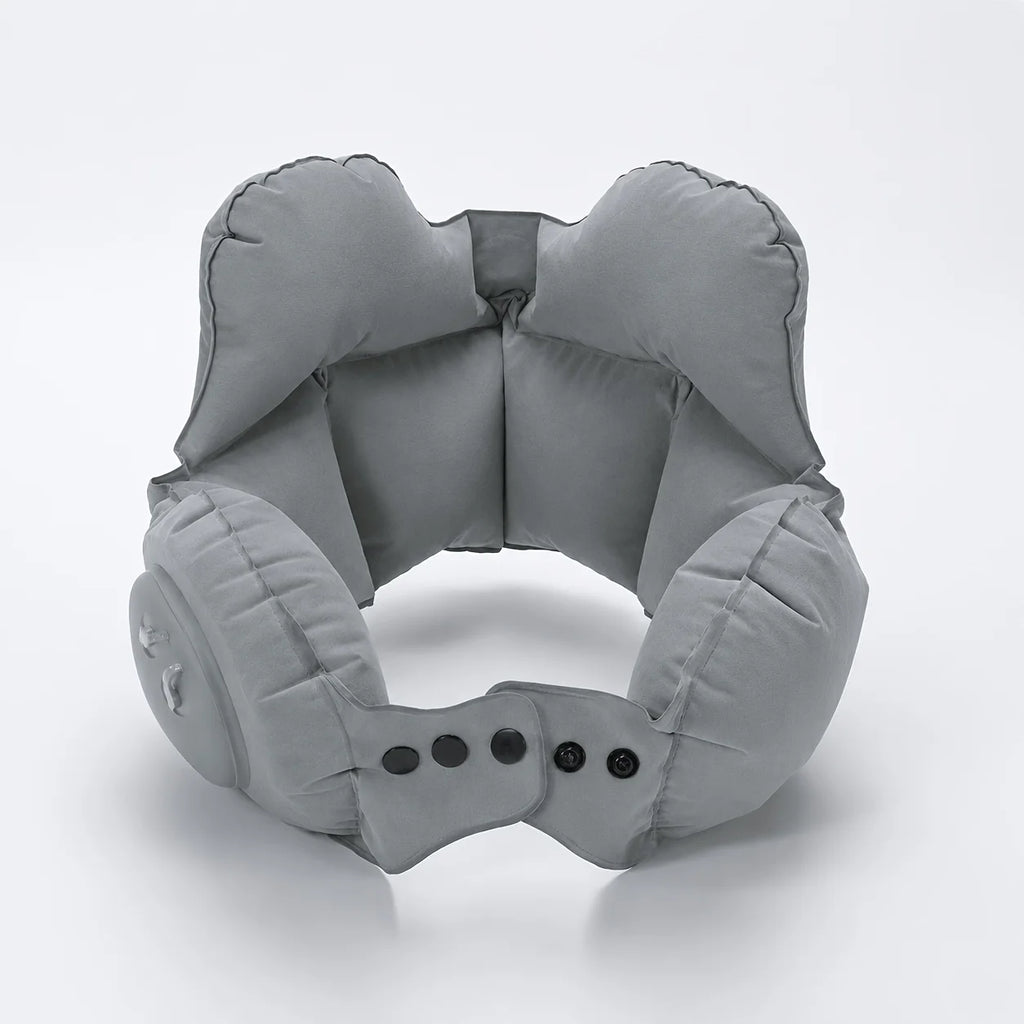 Inflatable travel neck pillow, providing head and neck support for long flights and office naps. Compact and lightweight.