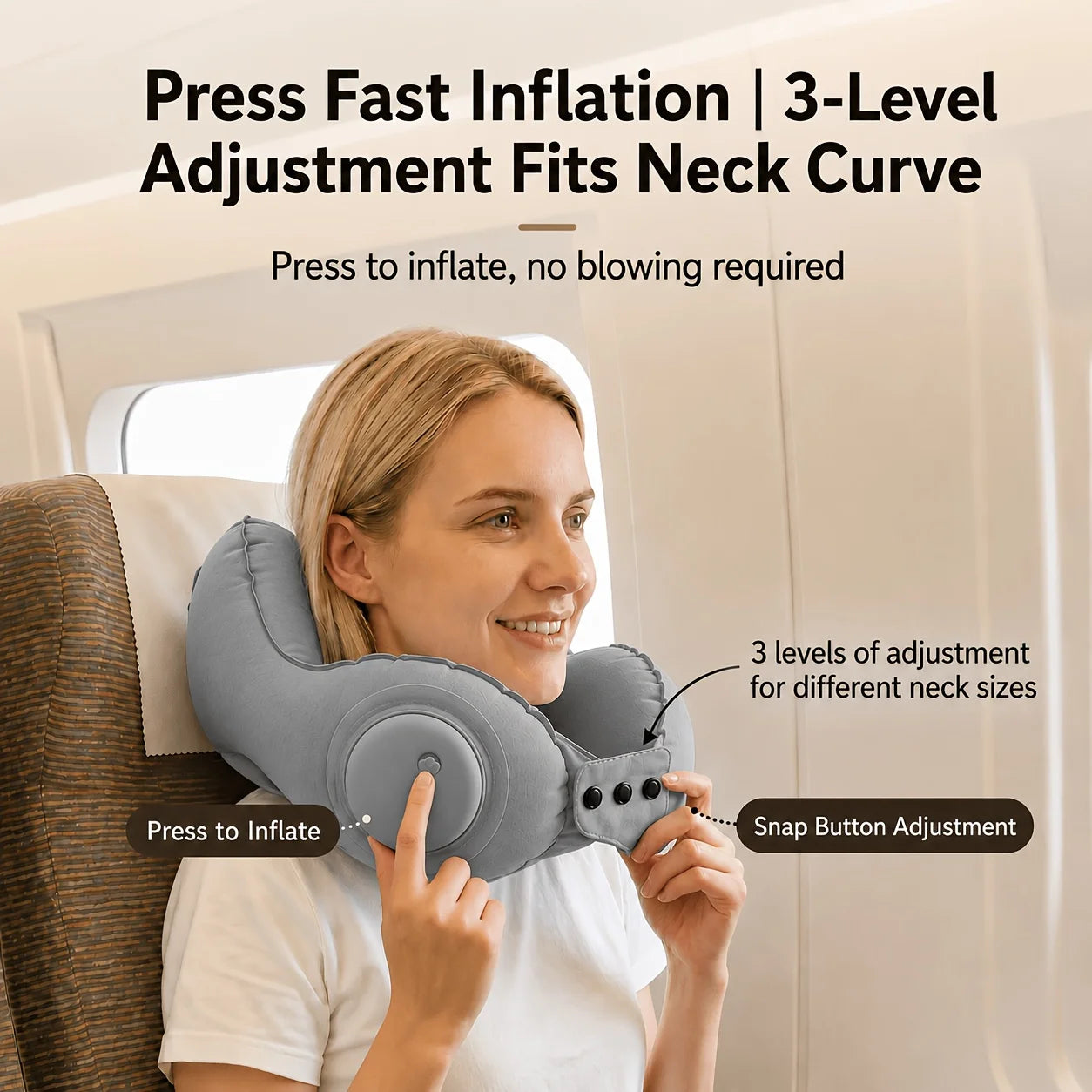 Inflatable travel neck pillow, providing head and neck support for long flights and office naps. Compact and lightweight.