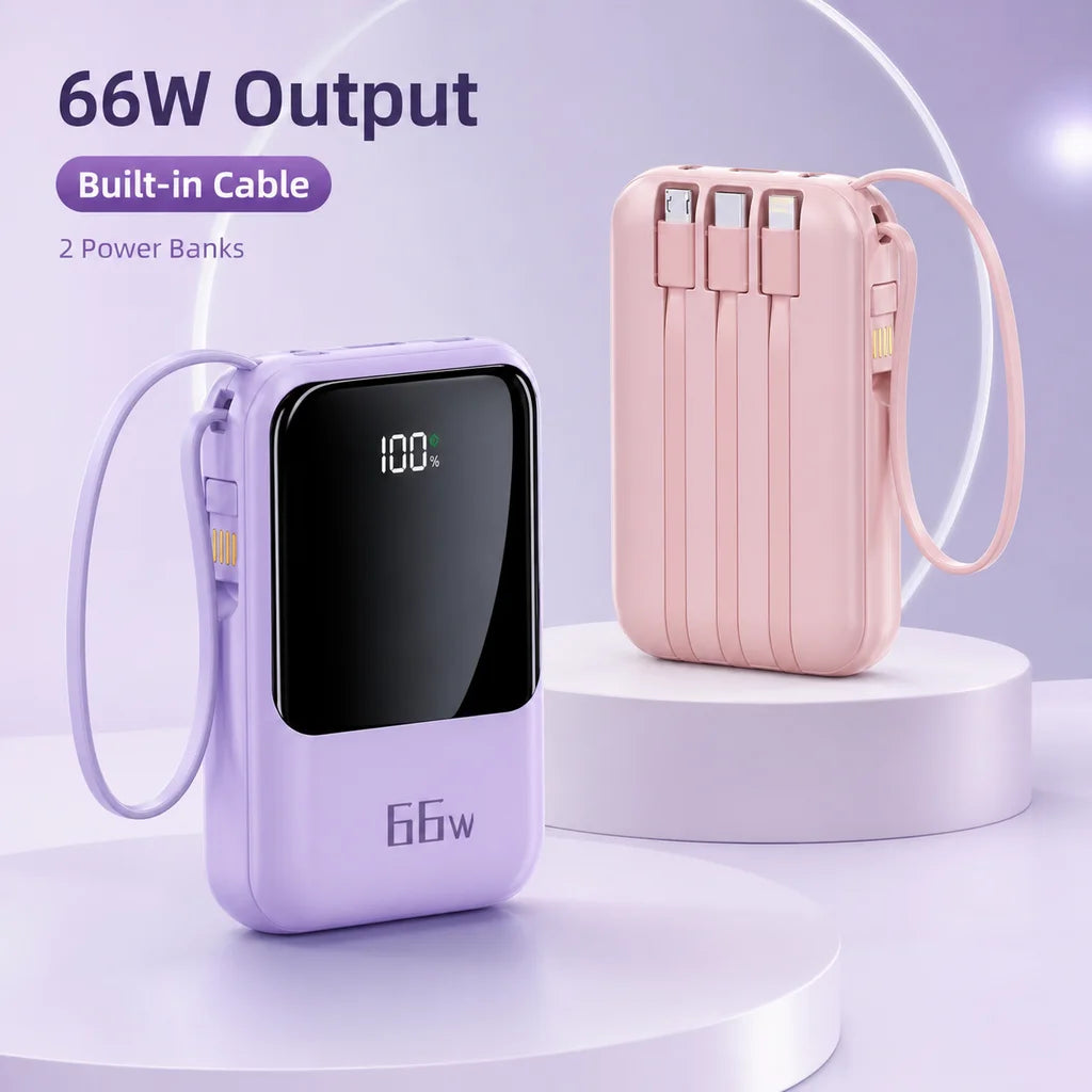 Power Bank 20000mAh 66W Fast Charging Portable Charger With Built-in Cable For Mobile Devices Mini Large Capacity Travel Backup