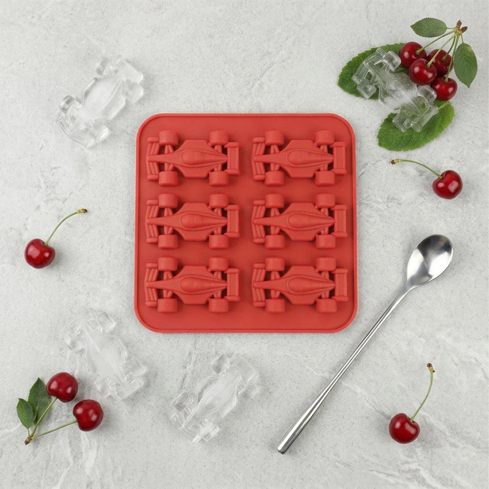 6-Cavity 3D Race Car Silicone Ice Mold Grand Prix Style Ice Cube Tray Chocolate Mould DIY Baking Tool for Tumbler BPA Free