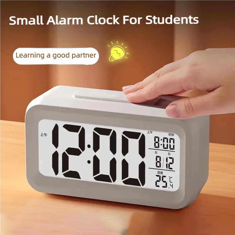 Smart Digital Alarm Clock Black White LCD Display with Temperature Calendar Timer Led Light for Bedroom Office (Without Battery)