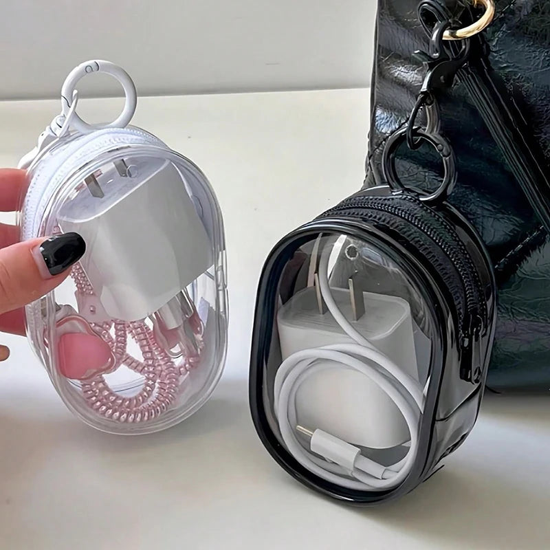 Portable Mini Transparent Storage Bag with Zipper, Multifunctional Headphone and Charger Case, Travel Accessories with Keychain