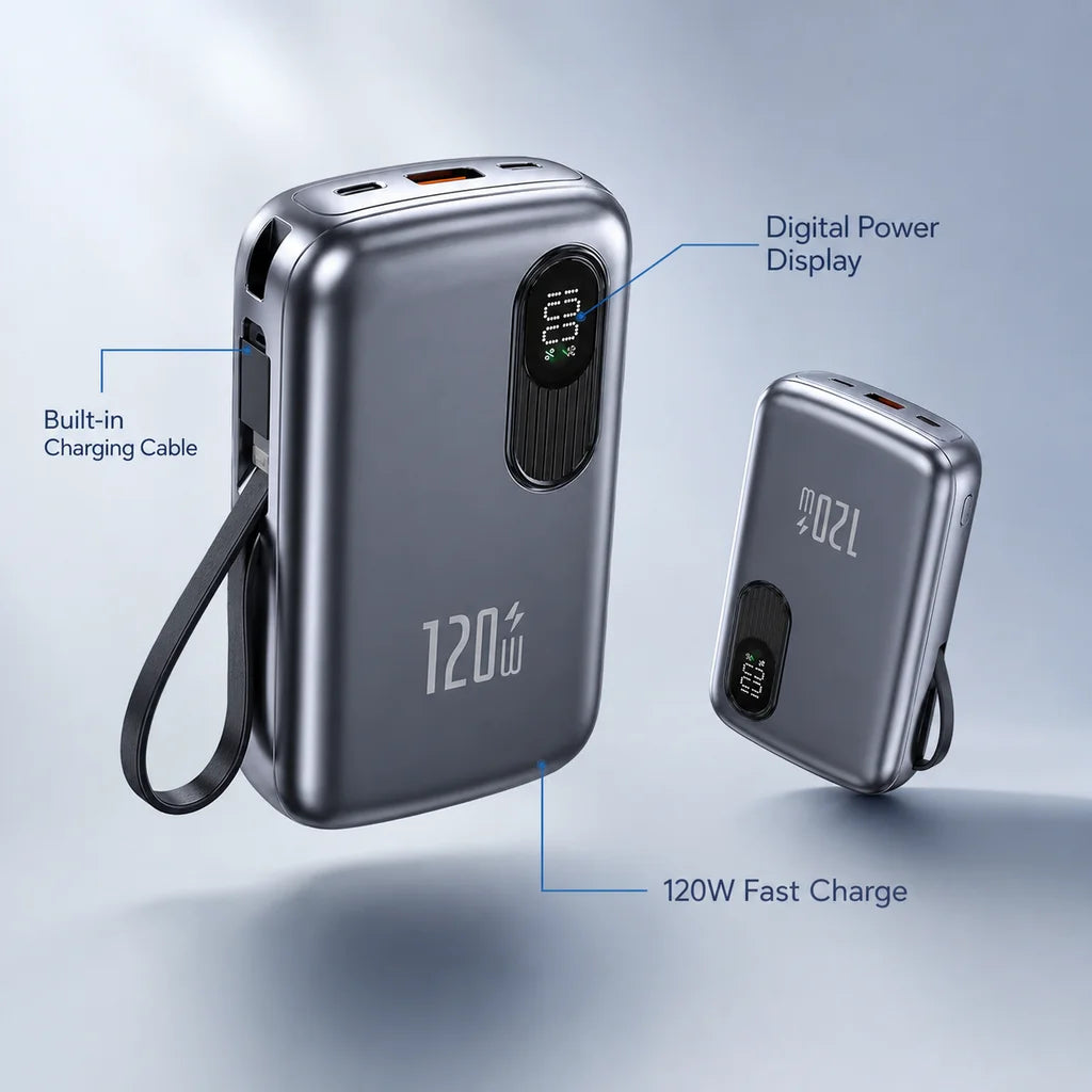 Power Bank 20000mAh Portable Charger with Built-in Cable Digital Display Compact Metal Shell for Travel Outdoor Use