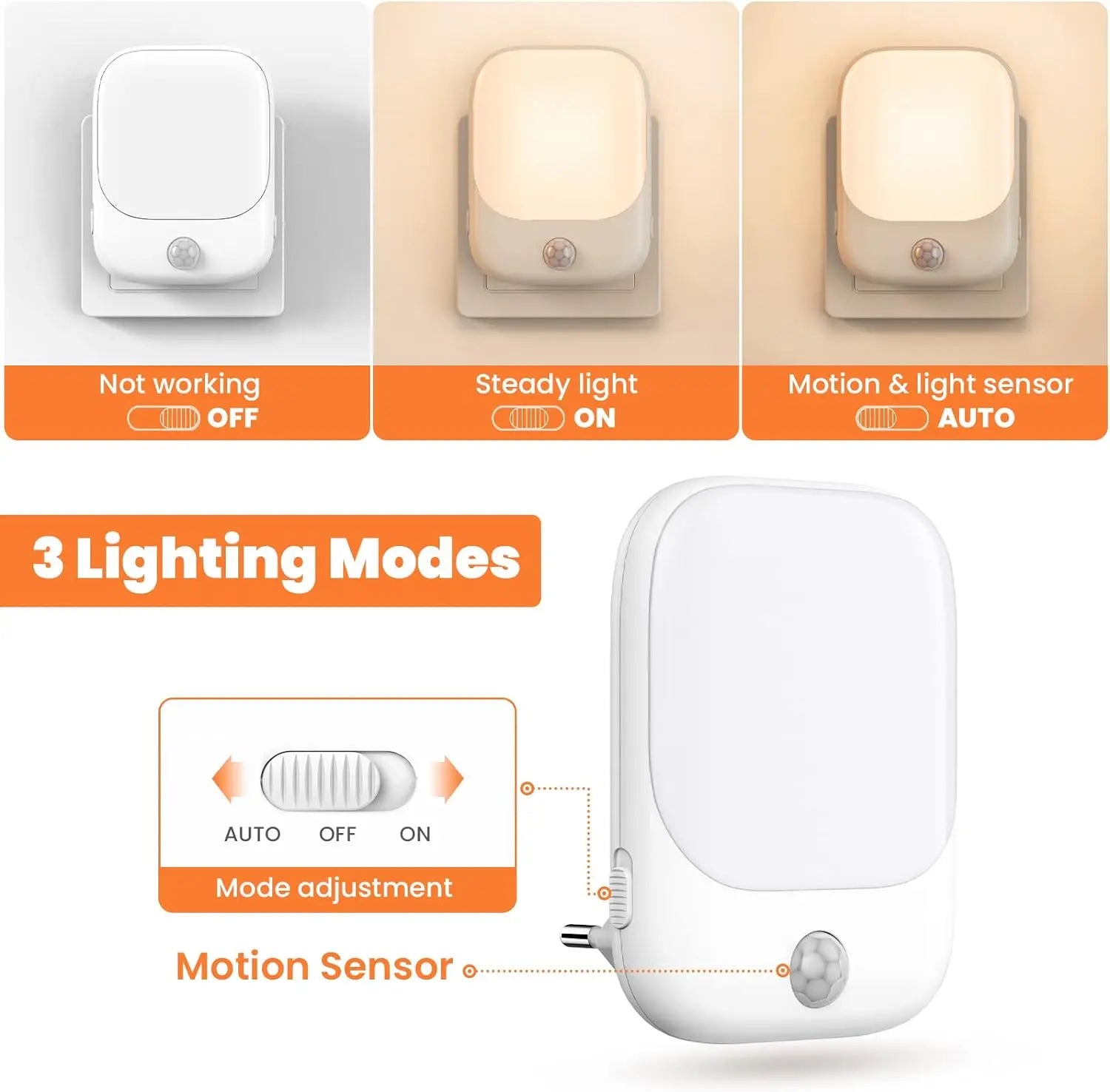 Smart LED Night Light with Sensor, Adjustable Brightness, Suitable for Bedroom, Bathroom, Corridor, Staircase, Kitchen - Plug-in