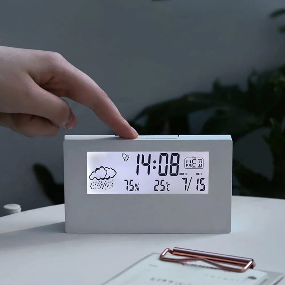 LCD Digital Alarm Clock Smart Night Light Alarm Clock Time Date Temp Humidity Display Bedside Battery Operated Desktop Clock